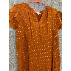 Nanette Lepore Rust Orange Blouse Ruffle‎ Sleeve Gold Dot Textured Top Women's M